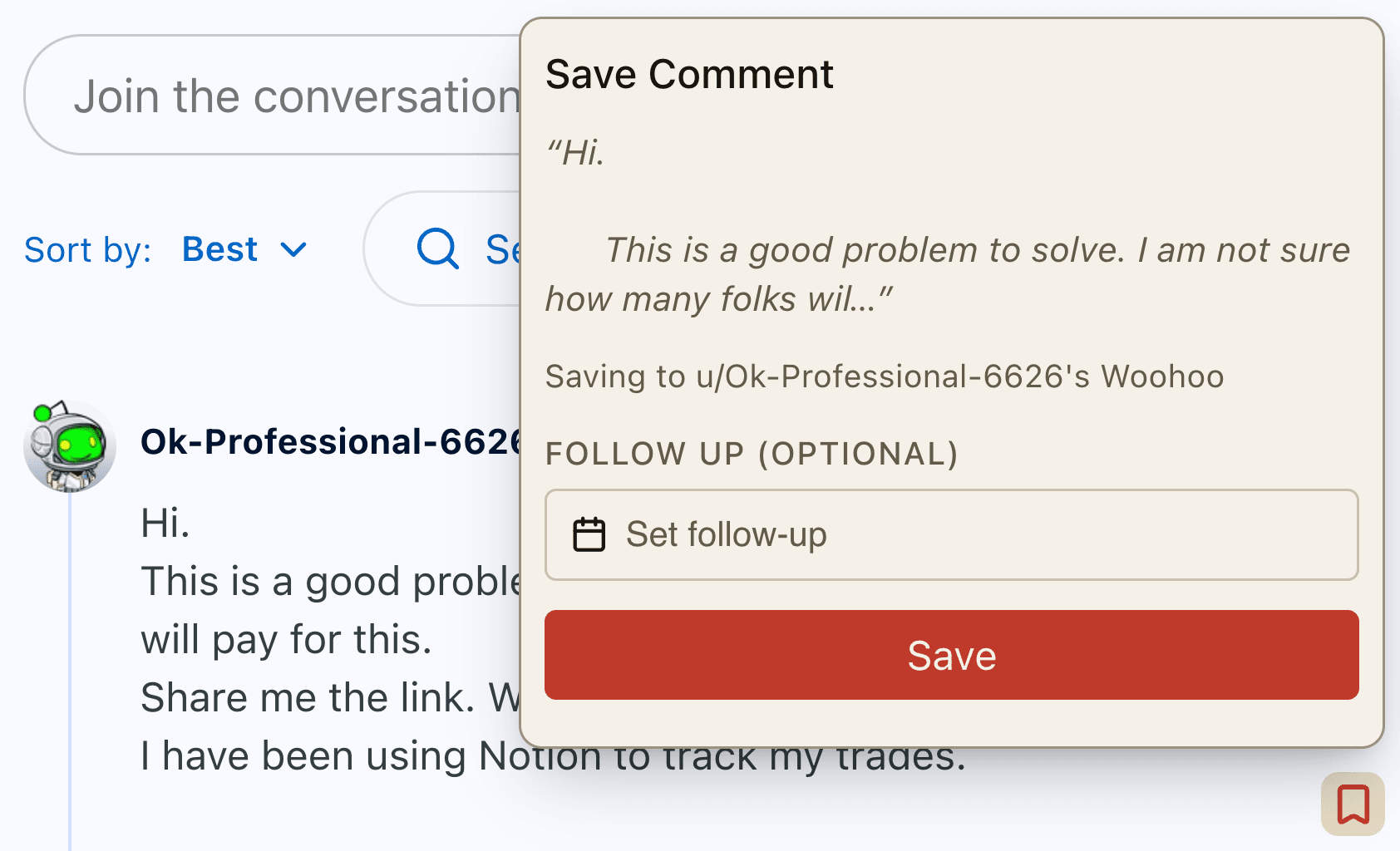The Woohoo extension's Save Comment dialog open on a Reddit comment, showing the comment preview and an optional follow-up picker.
